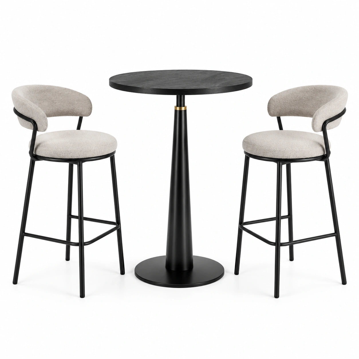 3-teilige Bartischgruppe mit rundem Tisch Ø 80 × 105 cm und 2 Barstühlen 54 × 55 × 98 cm, Bouclé und Metall, Creme/Schwarz/Gold
