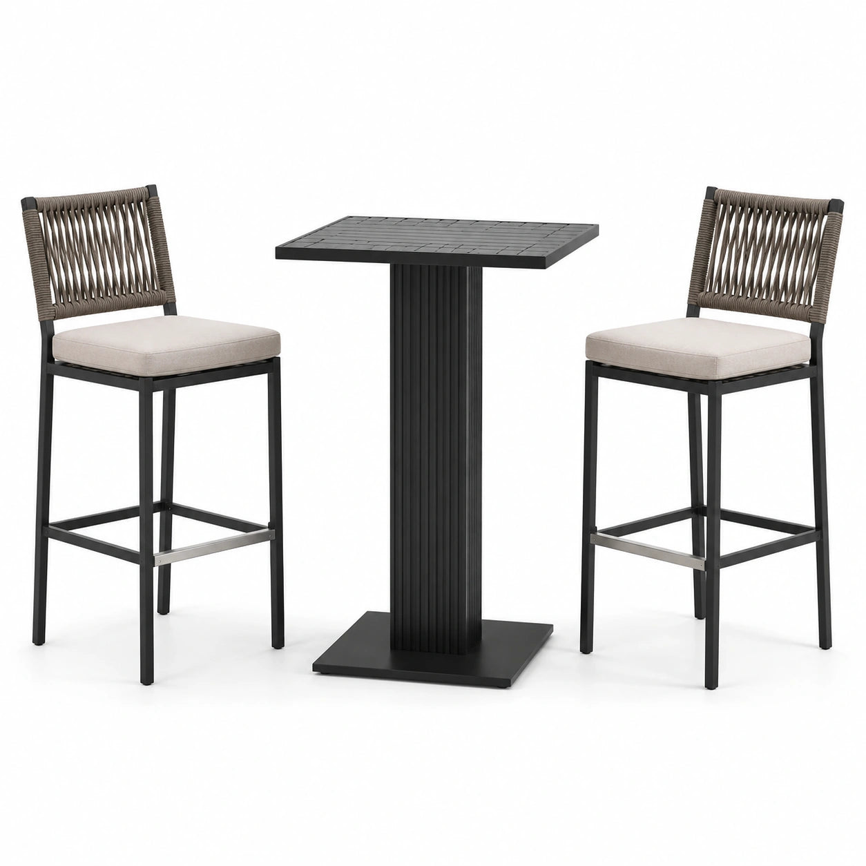 3-teilige Gartenbar-Sitzgruppe mit Bartisch 70 × 70 × 105 cm und 2 Barstühlen 48 × 52 × 112 cm, Schwarz/Taupe/Beige