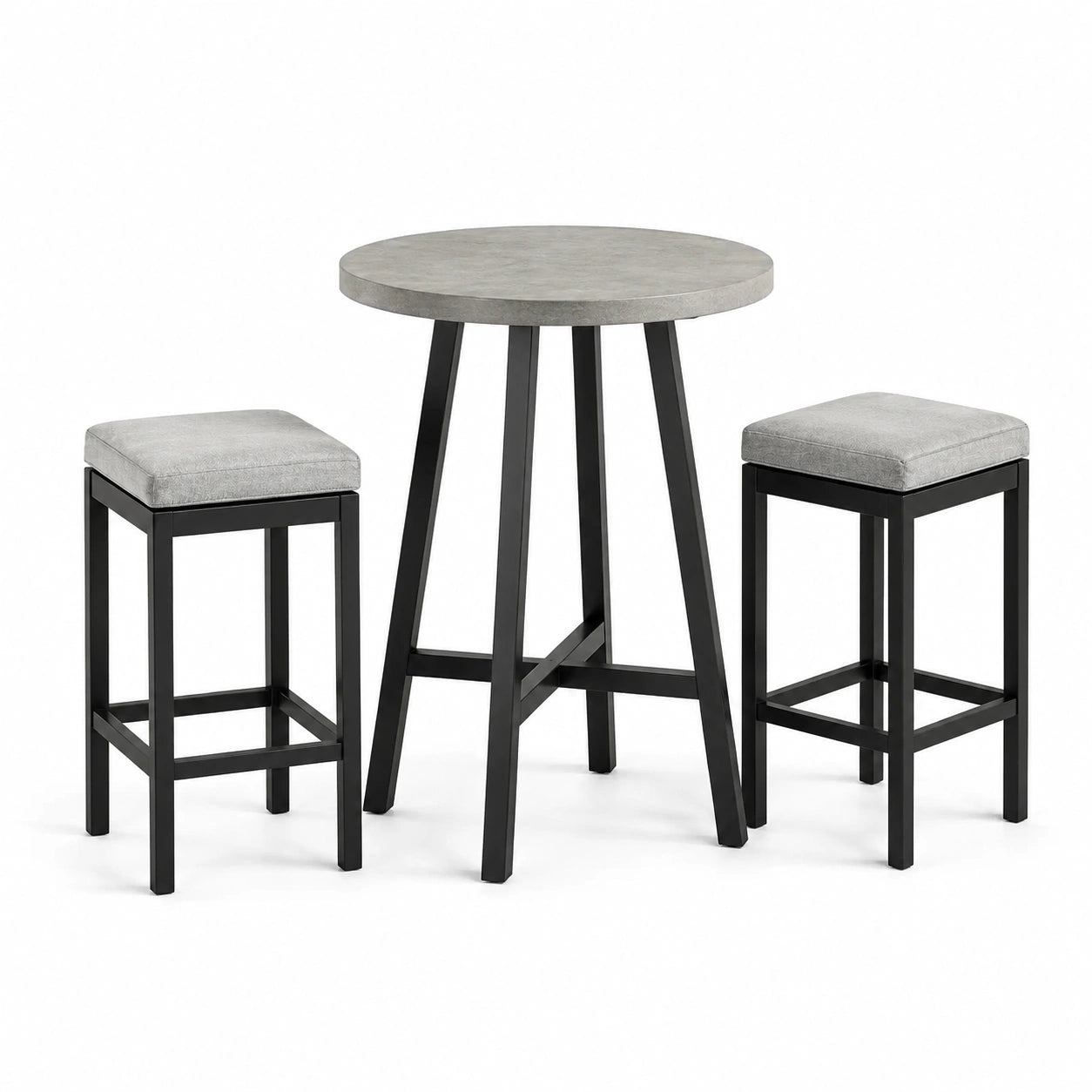 3-teiliges Set in Grau und Schwarz, Tisch Ø 90 × H 92 cm und 2 gepolsterte Hocker B 40 × T 40 × H 65 cm