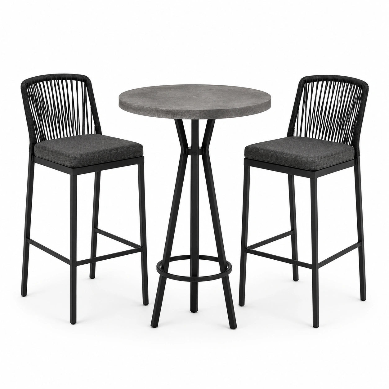 3-teiliges Barset mit rundem Tisch Ø 70 × 95 cm und 2 Stühlen 45 × 50 × 105 cm, Grau, Dunkelgrau und Schwarz