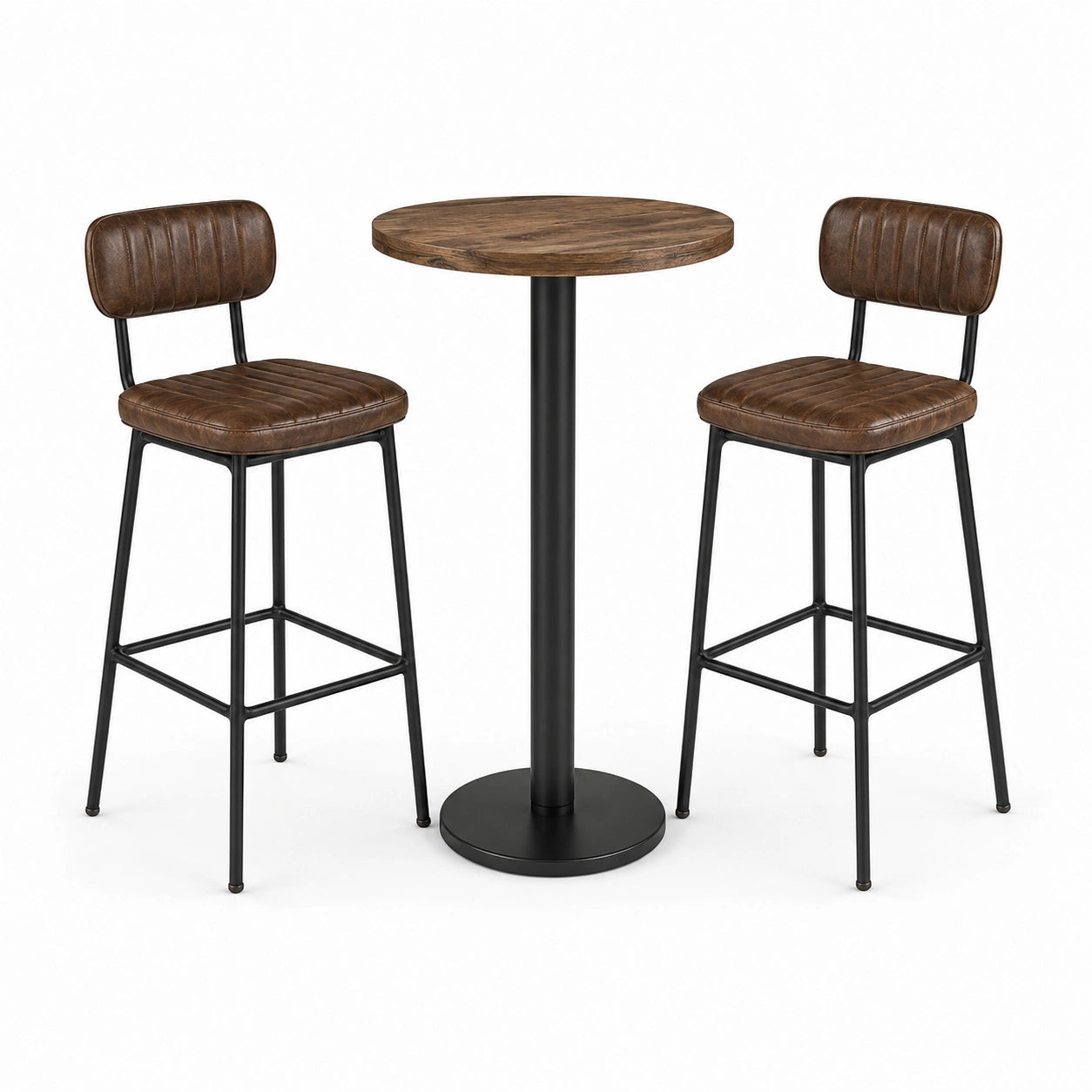 3-teiliges Bartisch-Set im Industrialstil, Tisch Ø 80 × 105 cm, 2 Barhocker je 44 × 48 × 100 cm, Braun/Schwarz