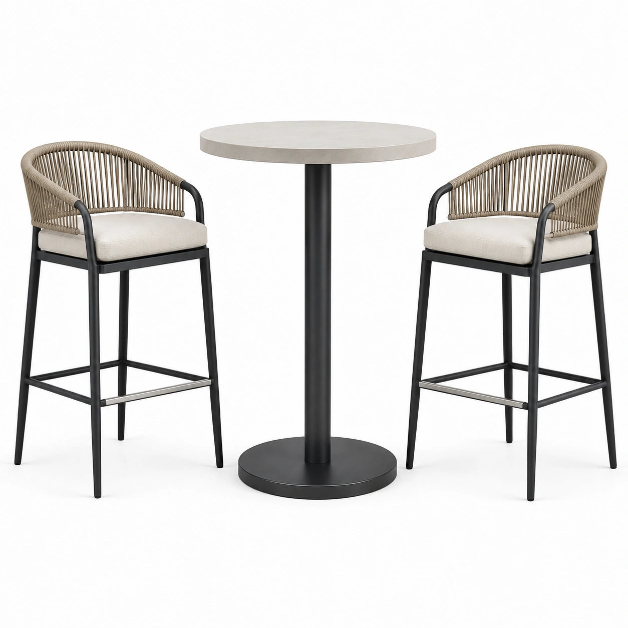 3-teiliges Gartenbar-Set mit rundem Bartisch Ø 70 × 105 cm und 2 Barstühlen 56 × 57 × 103 cm, Beige, Schwarz und Cremeweiß