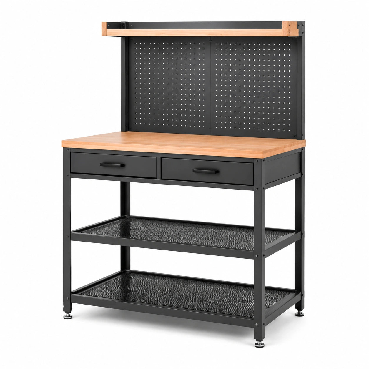 Werkbank mit Lochwand, 120 × 60 × 155 cm, Schwarz/Naturholz, 2 Schubladen und 2 Gitterablagen