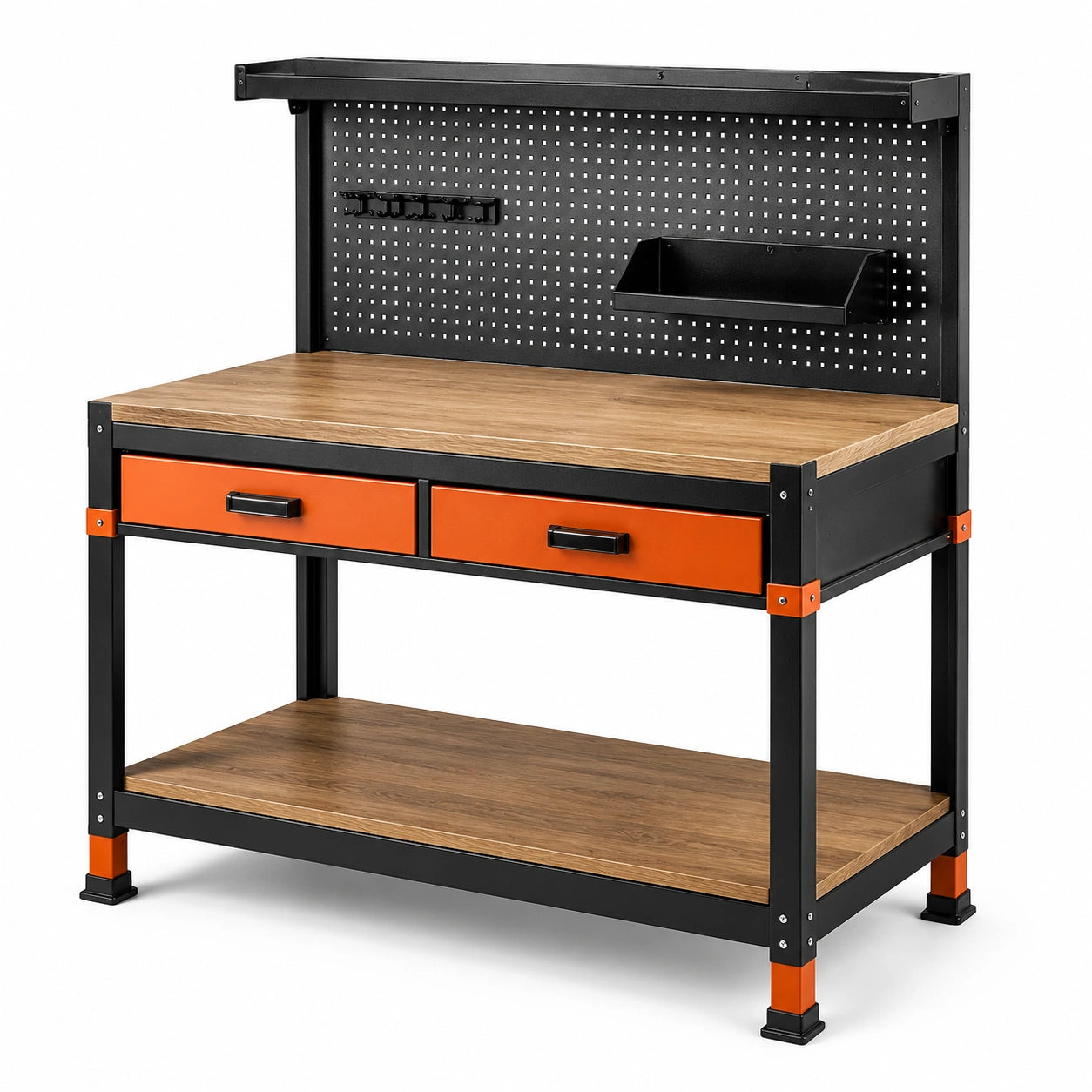 Werkbank mit Lochwand, 2 Schubladen und 2 Ablagen, 120 × 60 × 150 cm, Schwarz-Orange-Braun