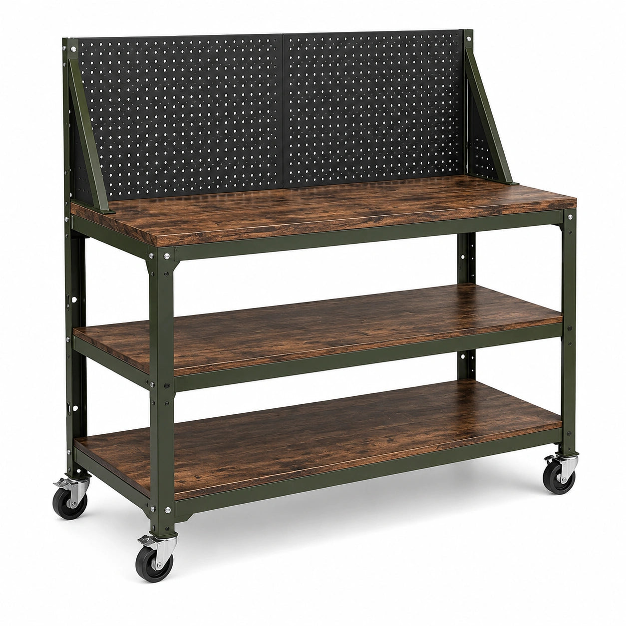 Mobile Werkbank mit zweiteiliger Lochwand und 2 Ablagen, 120 × 60 × 150 cm, Dunkelgrün/Braun/Schwarz
