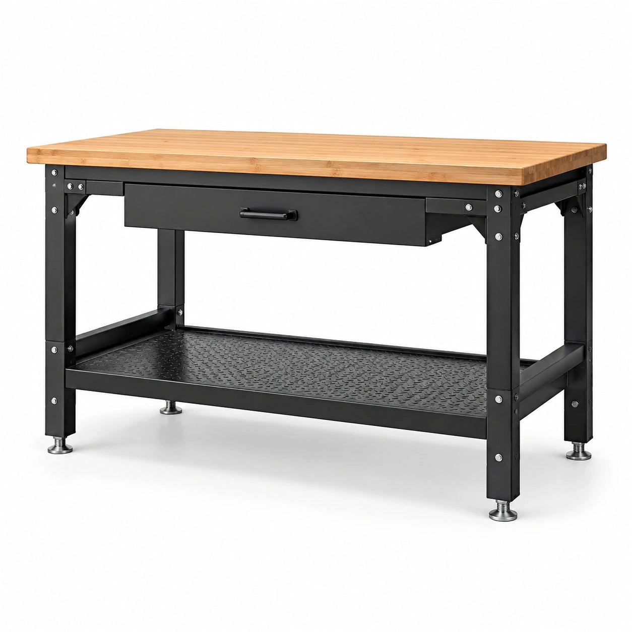 Werkbank mit Bambus-Arbeitsplatte, Schublade und Stahlablage, 120 × 60 × 90 cm, Natur/Schwarz/Silber