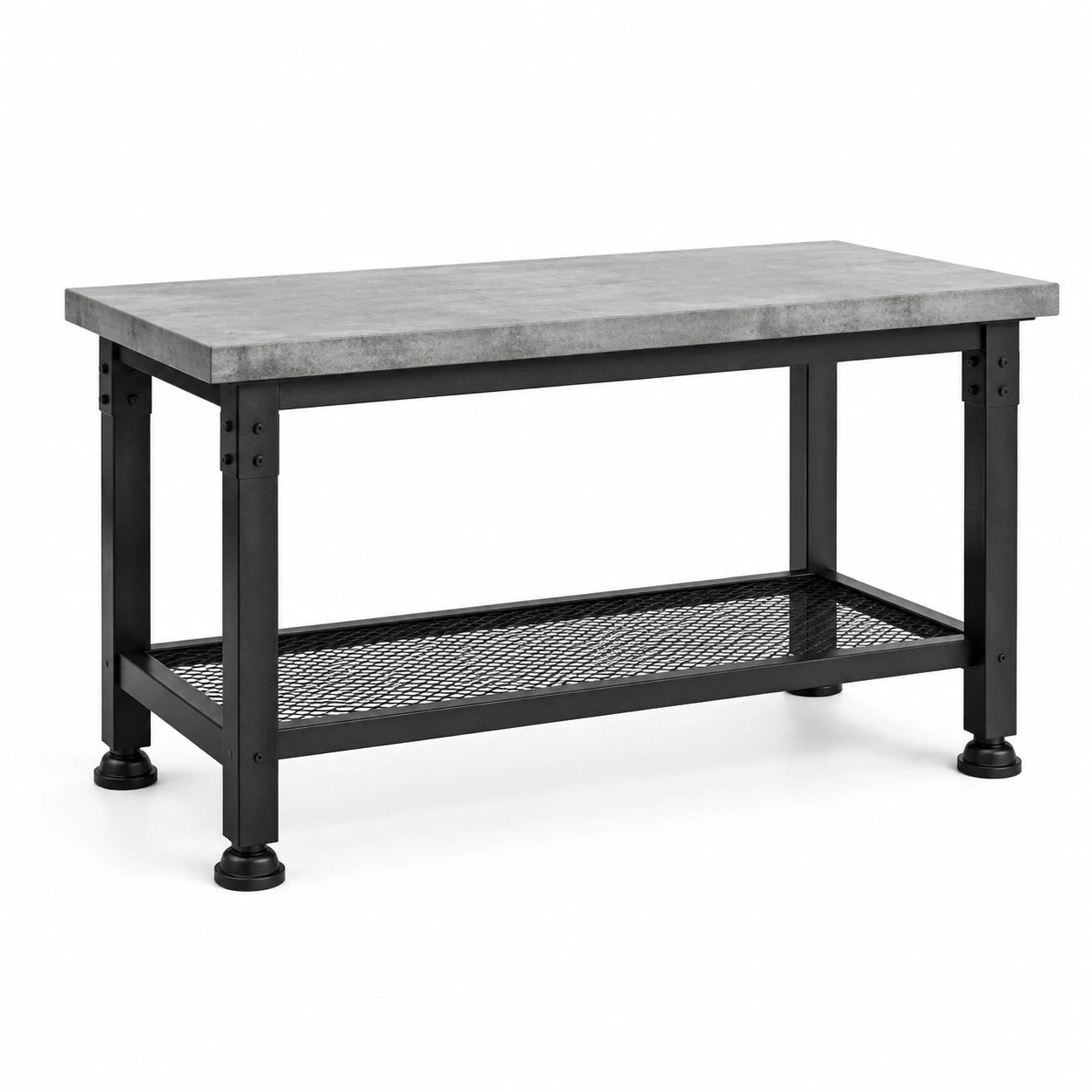 Werkbank aus Stahl und Holzwerkstoff mit Gitterablage, Grau/Schwarz, 120 × 60 × 90 cm, verstellbare Standfüße