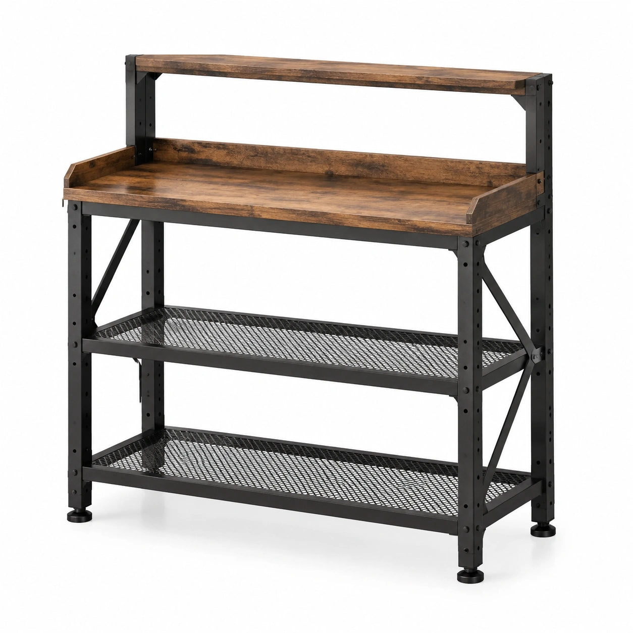 Werkbank mit 3 Ablagen, 120 × 60 × 150 cm, Holzwerkstoff und Metall, Braun und Schwarz, Industriestil