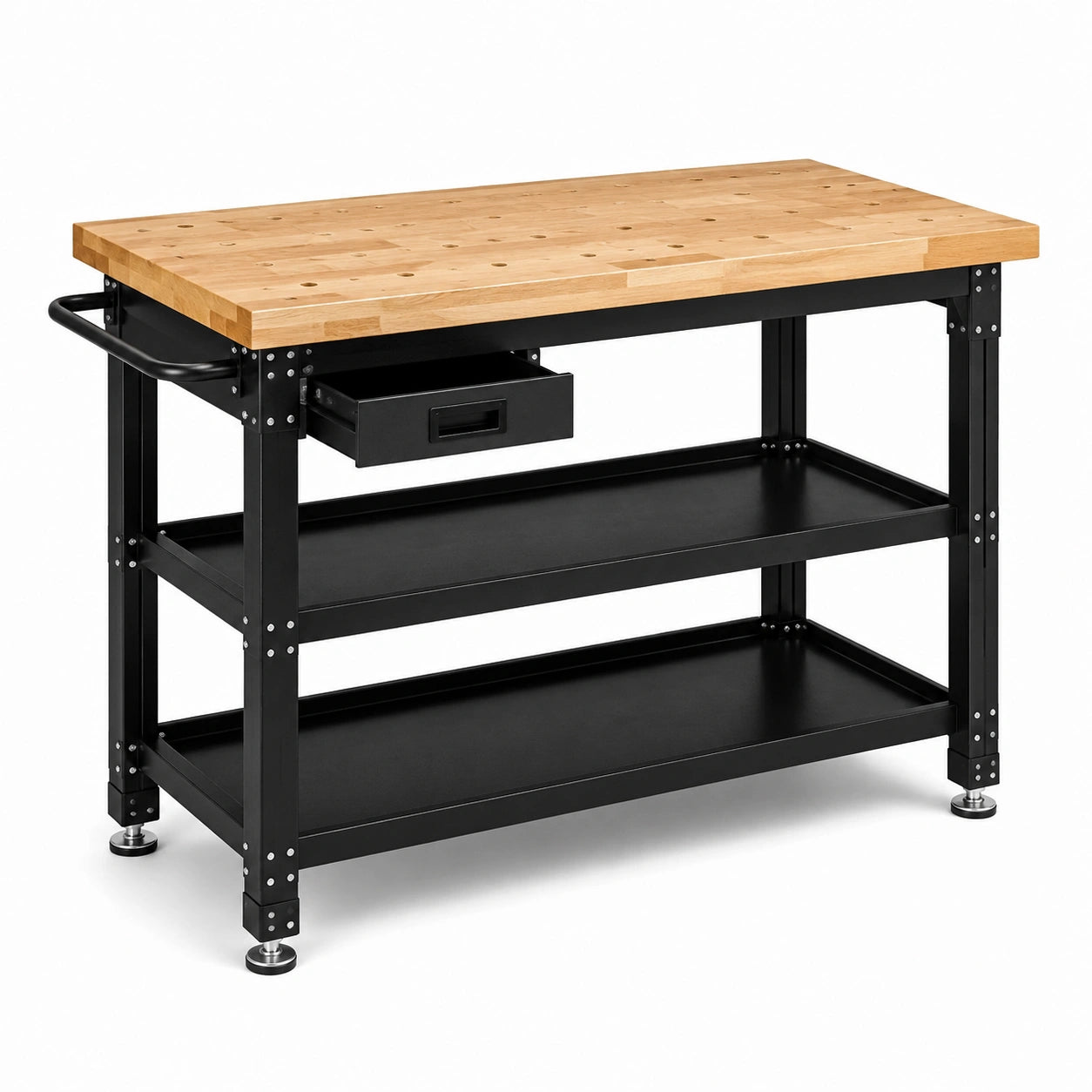Werkbank aus Massivholz und Stahl mit Schublade und 2 Ablagen, 120 × 60 × 90 cm, Natur/Schwarz
