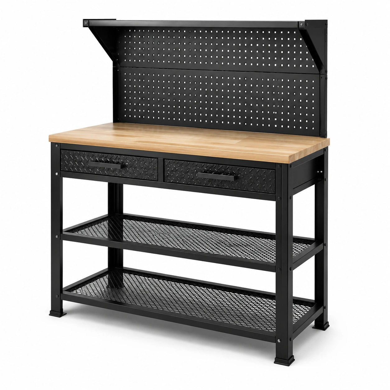 Werkbank aus Stahl und Holz, 120 × 60 × 150 cm, Schwarz/Natur, mit Lochwand, 2 Schubladen und 3 Ablagen