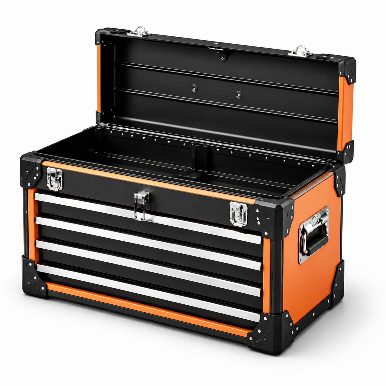 Stahl-Werkzeugkasten mit 4 Schubladen, oberem Staufach und Tragegriffen, 66 × 31 × 40 cm, Orange/Schwarz/Silber