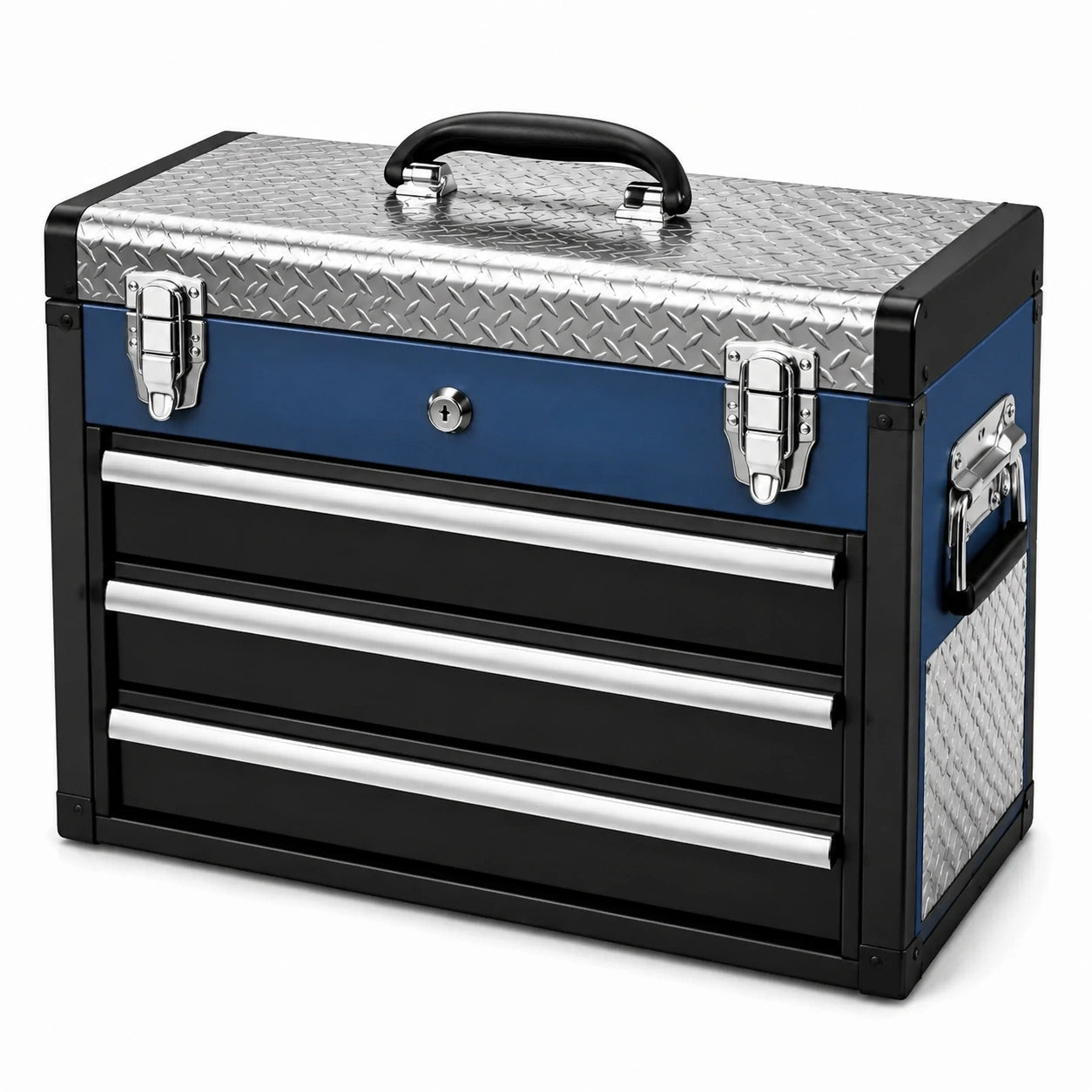 Abschließbarer Metall-Werkzeugkoffer mit 3 Schubladen, 52 × 22 × 40 cm, Schwarz/Blau/Silber