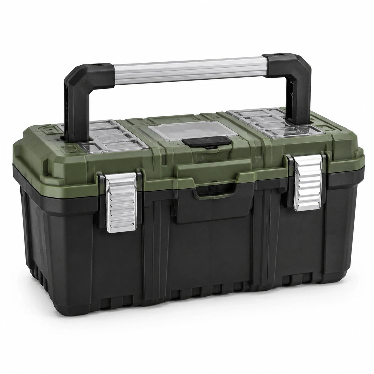 Robuster Werkzeugkoffer mit Tragegriff und Kleinteilefächern, 56 × 31 × 31 cm, Grün/Schwarz/Silber