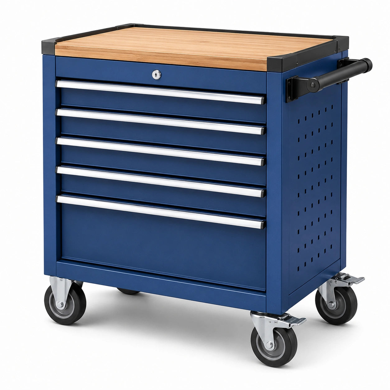 Mobiler Werkzeugwagen aus Stahl mit 5 Schubladen, Arbeitsplatte in Holzoptik, Schloss und 4 Lenkrollen, 77 × 46 × 92 cm, Blau