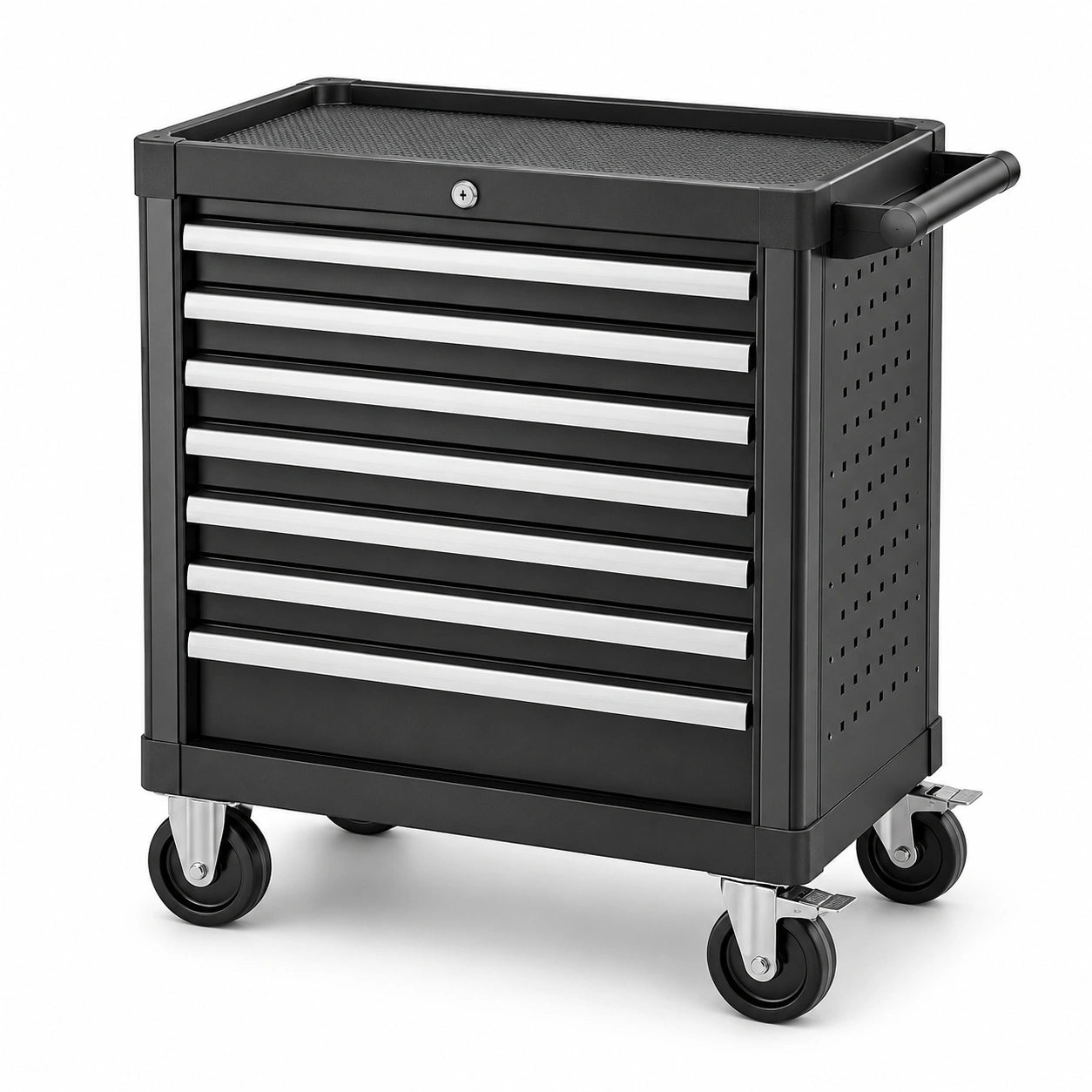 Abschließbar mit 7 Schubladen und 4 Lenkrollen, 77 × 47 × 97 cm, Schwarz/Silber