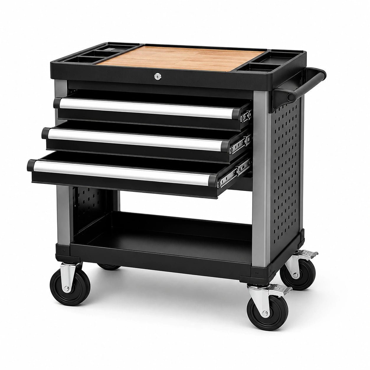 Mobiler Werkstattwagen mit Holzarbeitsfläche, 78 × 48 × 88 cm, Schwarz/Silber/Natur, abschließbar, 3 Schubladen und 4 Lenkrollen