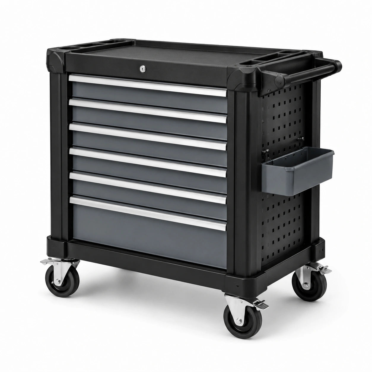 Rollbarer Werkzeugwagen mit 7 abschließbaren Schubladen, 77 × 47 × 96 cm, Schwarz/Silber