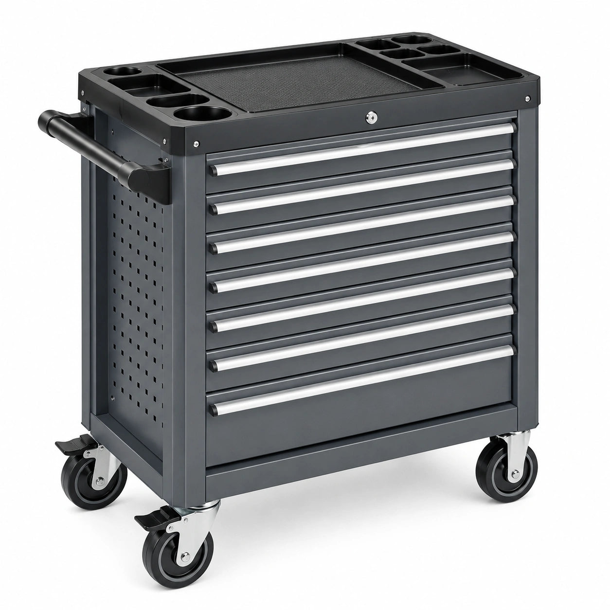 Mobiler Stahl-Werkzeugwagen mit 7 Schubladen, Ablagefächern und 4 Lenkrollen, 77 × 46 × 97 cm, Schwarz/Silber