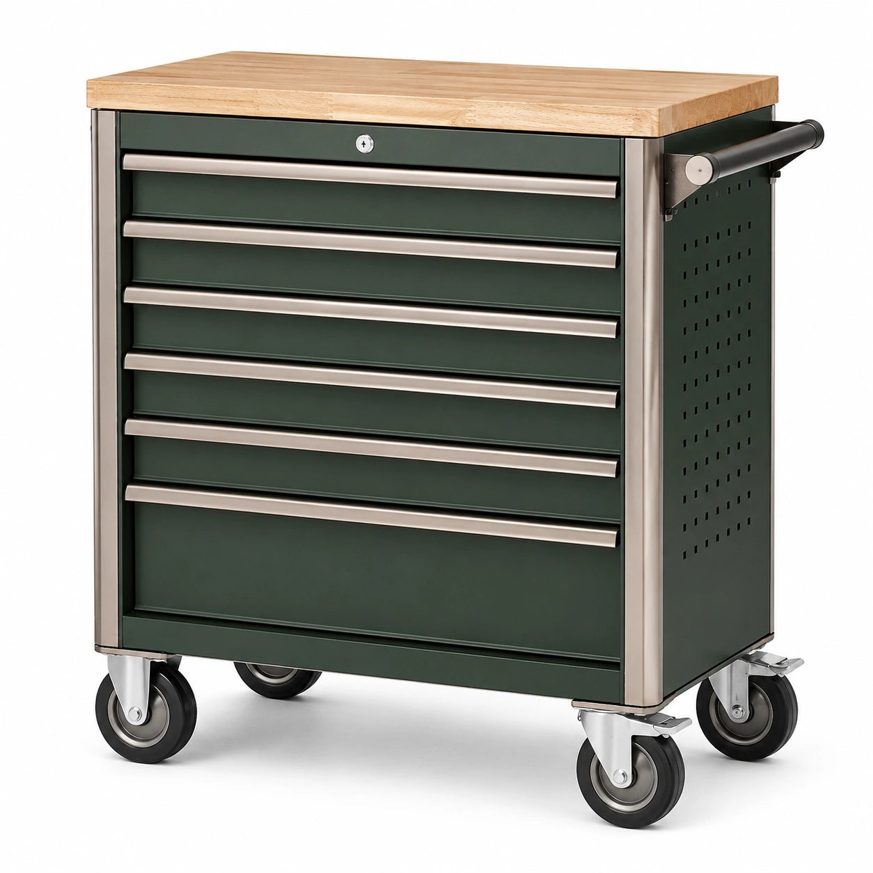 Mobiler Werkzeugwagen aus Metall mit 6 Schubladen und Holzarbeitsplatte, 77 × 48 × 96 cm, Dunkelgrün