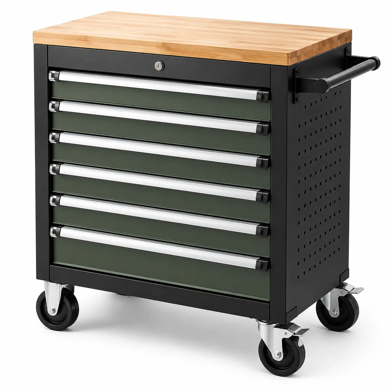 Abschließbarer Werkzeugwagen mit 7 Schubladen und Bambus-Arbeitsplatte, 76 × 46 × 97 cm, Schwarz/Grün/Natur/Silber