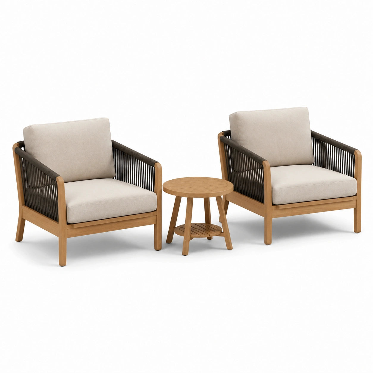 3-teiliges Gartenmöbel-Set mit 2 Sesseln 75 × 78 × 82 cm und rundem Beistelltisch Ø 50 × 50 cm, Beige, Braun und Dunkelbraun