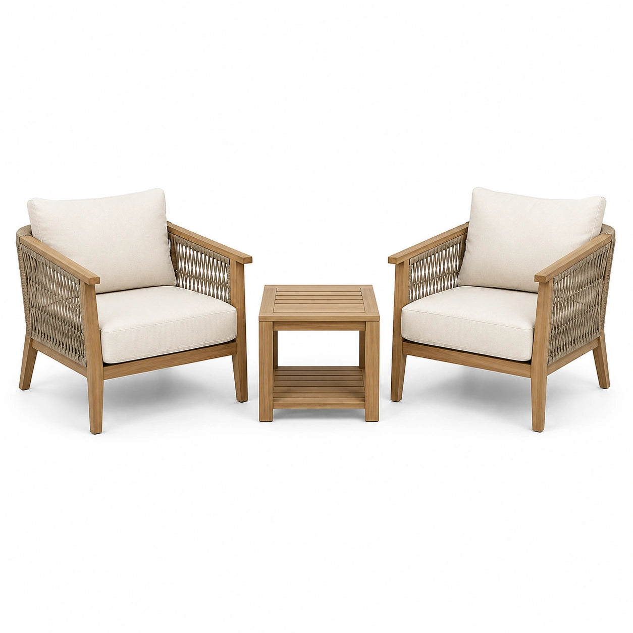 3-teiliges Gartenmöbel-Set mit 2 Sesseln 75 × 78 × 83 cm und Beistelltisch 55 × 55 × 55 cm, Naturbraun, Beige und Taupe