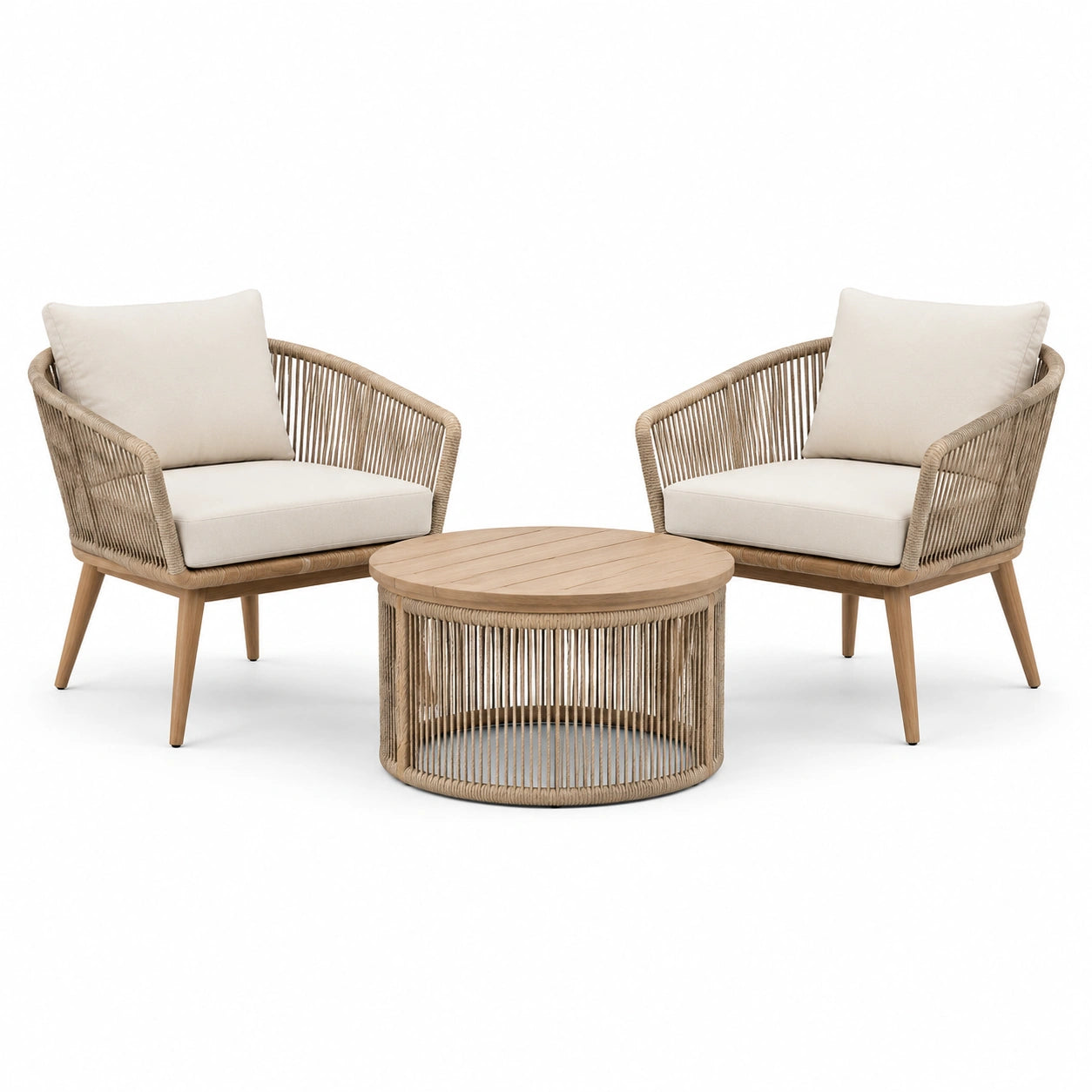 3-teilige Garten-Sitzgruppe aus Holz und Seilgeflecht, 2 Sessel 76 × 78 × 82 cm, Tisch Ø 70 × 43 cm, Natur und Creme