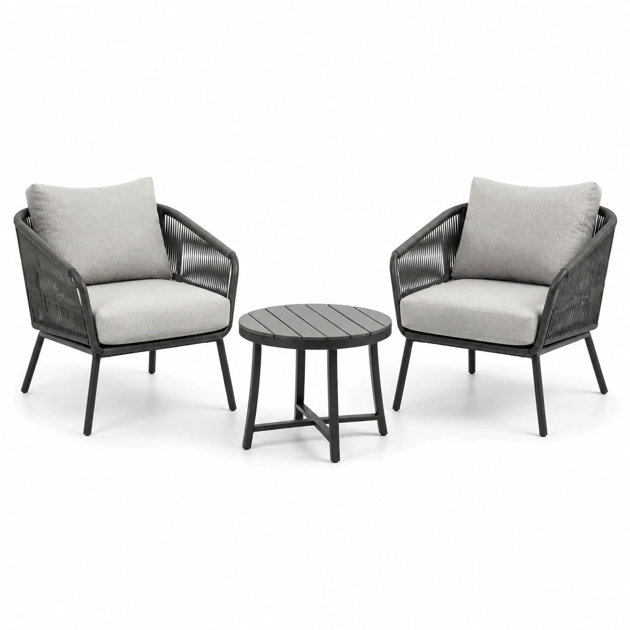 3-teilige Garten-Sitzgruppe in Schwarz und Grau – 2 Sessel à 72 × 74 × 80 cm, Tisch Ø 50 × 45 cm