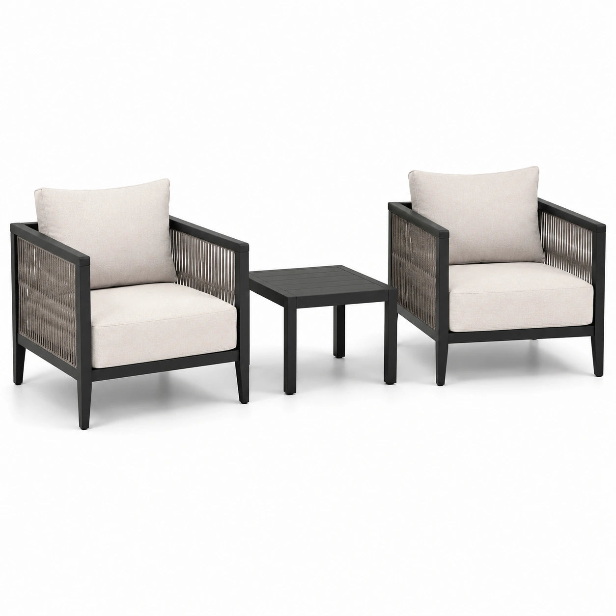 3-teiliges Gartenmöbel-Set mit 2 Sesseln (72 × 76 × 80 cm) und Beistelltisch (52 × 52 × 45 cm), Schwarz/Beige/Grau