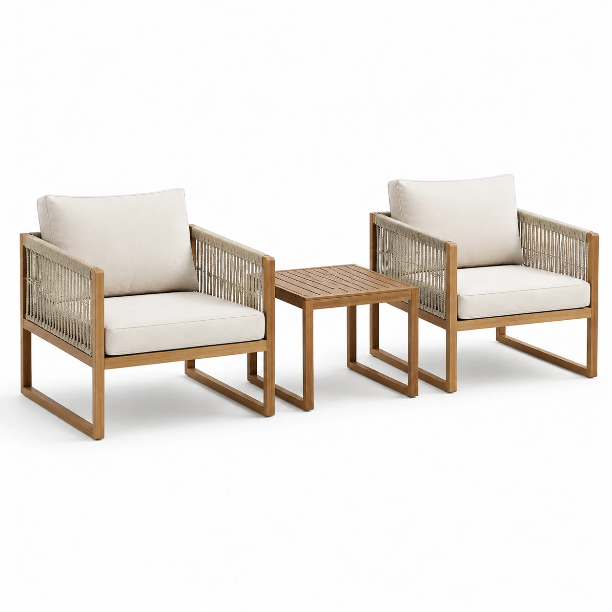 3-teiliges Gartenmöbel-Set aus Holz mit Seilgeflecht, 2 Sessel 72 × 76 × 78 cm und Tisch 50 × 50 × 50 cm, Beige und Braun