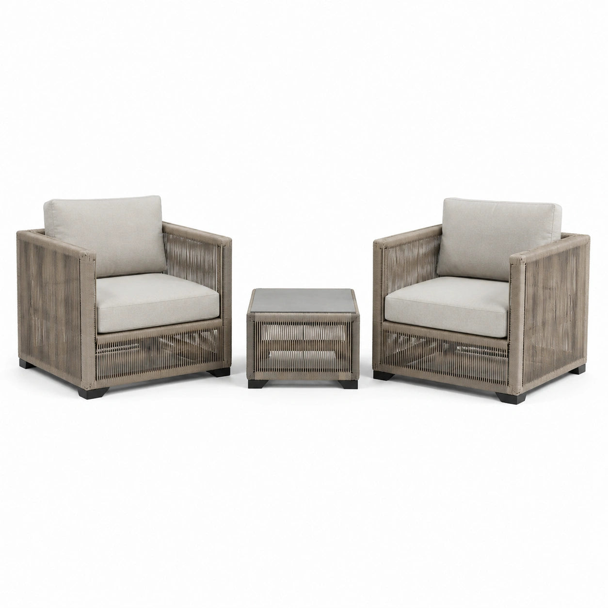 3-teiliges Gartenmöbel-Set in Taupe, Hellgrau und Schwarz mit 2 Sesseln 78 × 80 × 78 cm und Tisch 55 × 55 × 45 cm