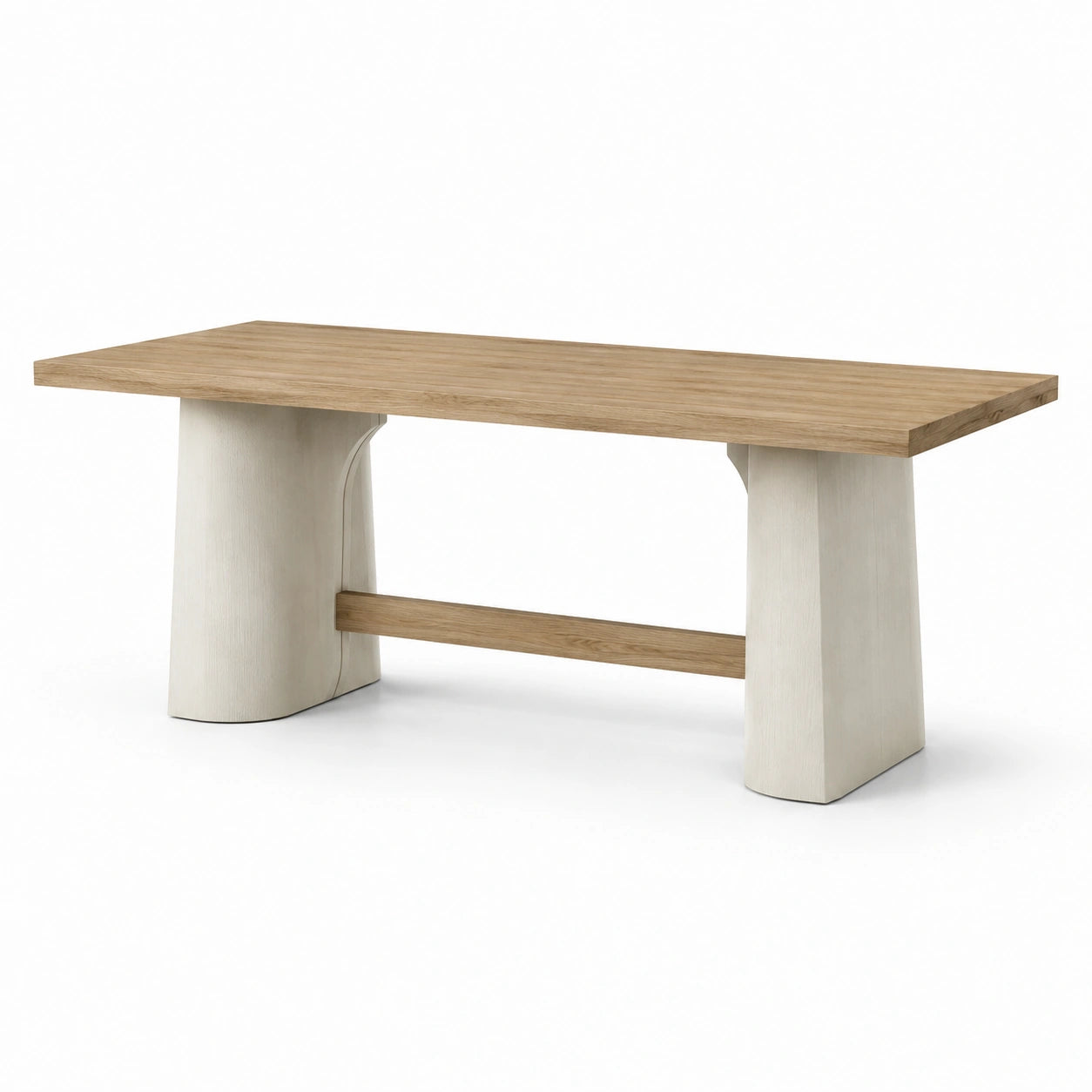 Moderner Esstisch aus Holzwerkstoff, 180 × 90 × 75 cm, Eiche Natur und Cremeweiß, rechteckig mit Querstrebe