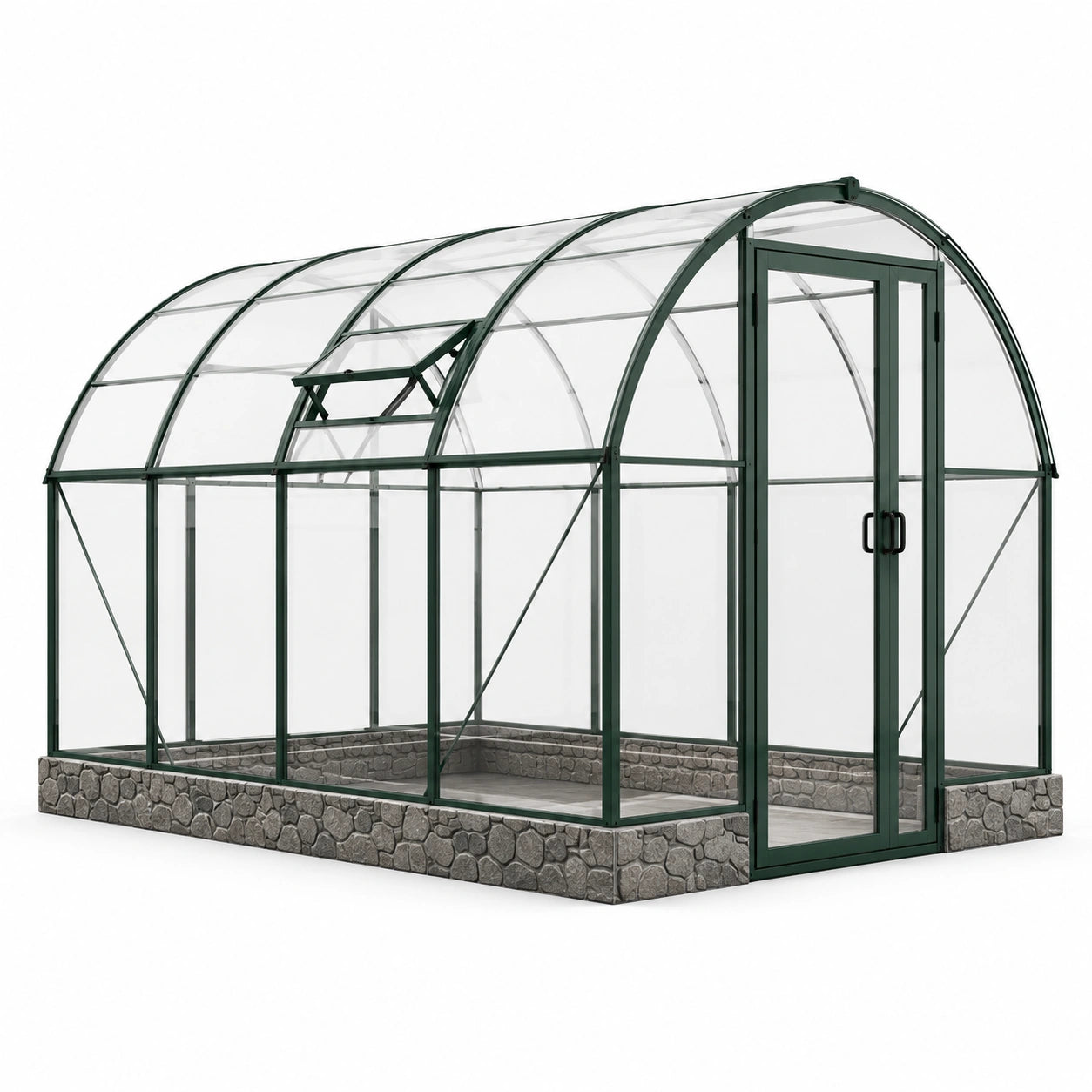 Gewächshaus 300 × 200 × 210 cm mit grünem Metallrahmen, transparenten Kunststoffplatten, Doppeltür und Dachfenster