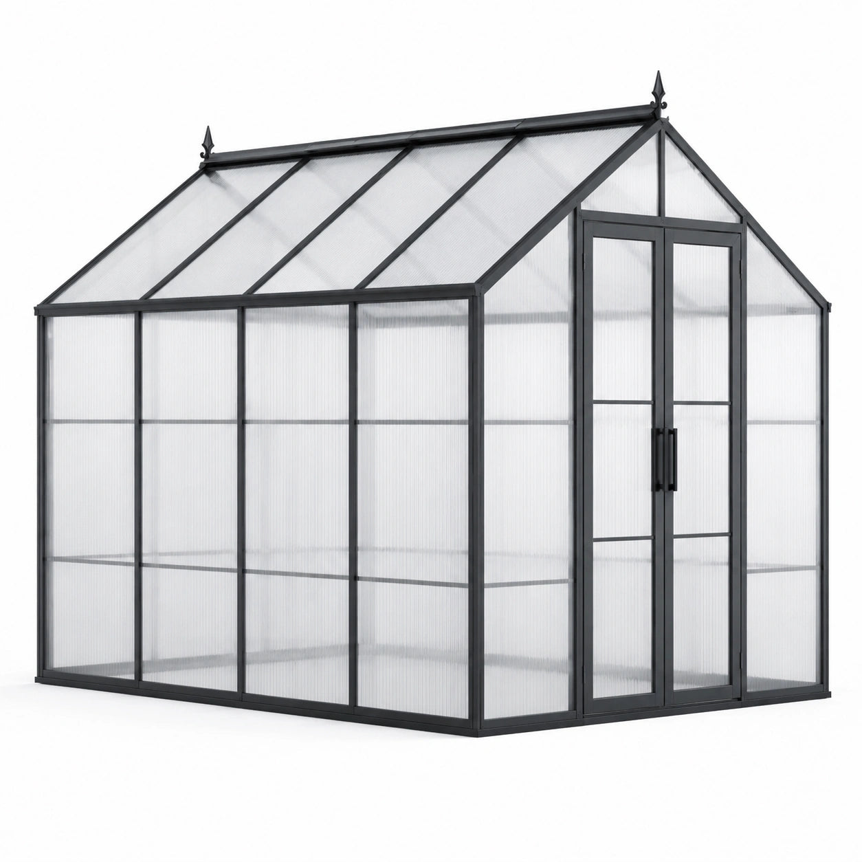 Freistehendes Gewächshaus mit Doppeltür, Aluminium und Polycarbonat, Schwarz/Transparent, 244 × 185 × 229 cm