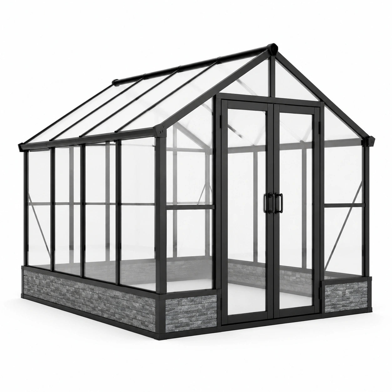 Aluminium-Gewächshaus mit Polycarbonatplatten, Doppeltür und Dachfenster, 244 × 190 × 230 cm, Schwarz/Transparent/Grau