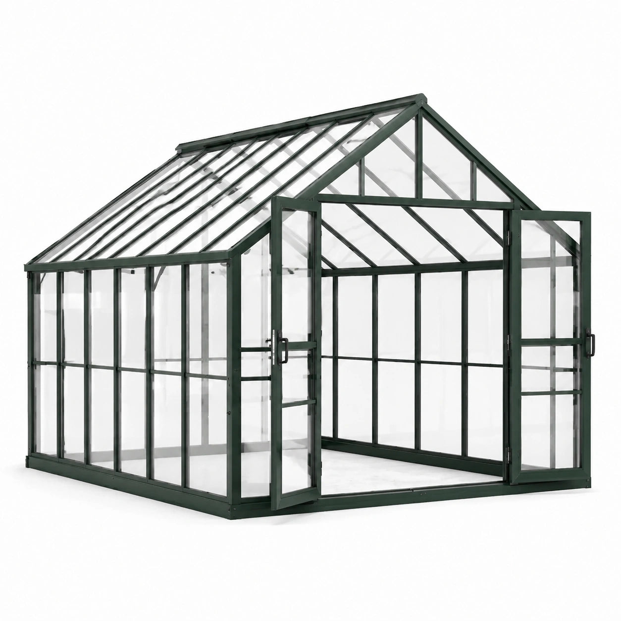 Freistehendes Gewächshaus aus Aluminium und Polycarbonat mit Doppeltür und Dachfenstern, 250 × 190 × 195 cm, Dunkelgrün/Transparent