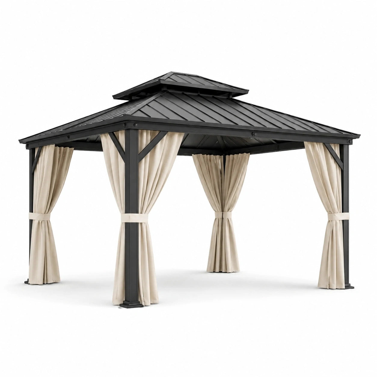 Gartenpavillon mit festem Metalldach und Vorhängen, 300 × 300 × 280 cm, Anthrazit und Beige