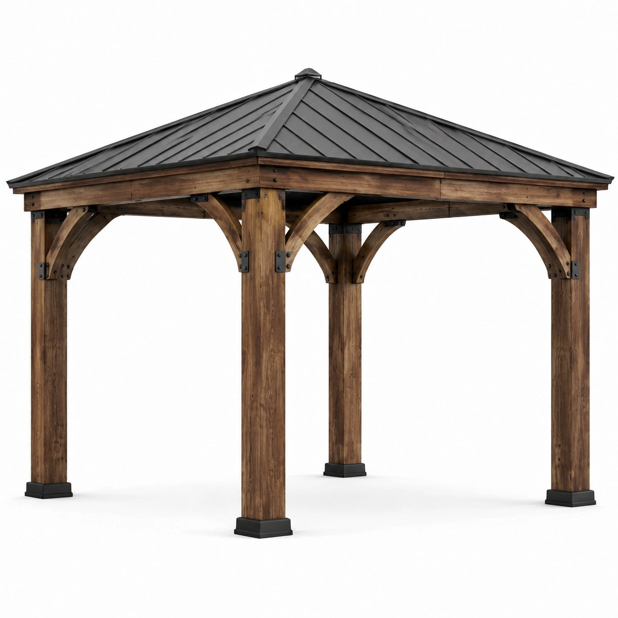 Gartenpavillon aus Holz und Metall, 366 × 366 × 310 cm, Braun/Schwarz, freistehend mit festem Walmdach