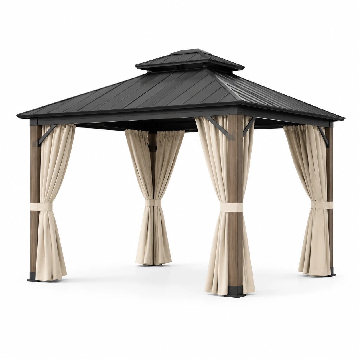 Gartenpavillon 300 × 300 × 280 cm mit festem Metalldach, Holzoptik und beigen Vorhängen