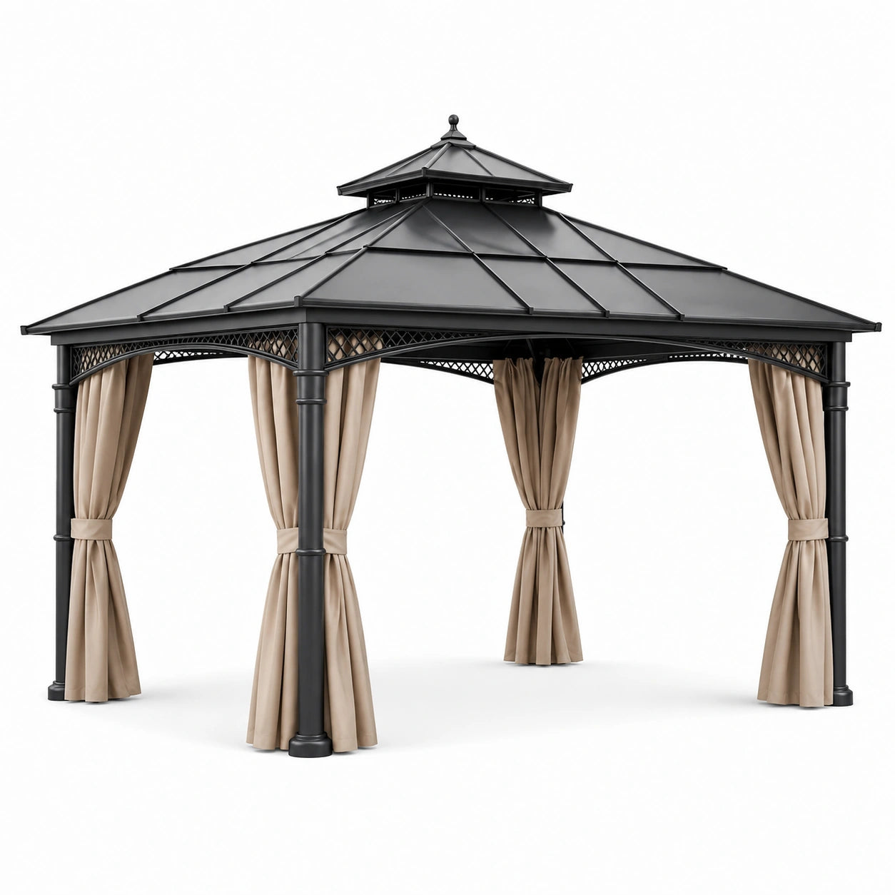 Gartenpavillon mit festem zweistufigem Dach und Vorhängen, 400 × 300 × 300 cm, Anthrazit/Beige