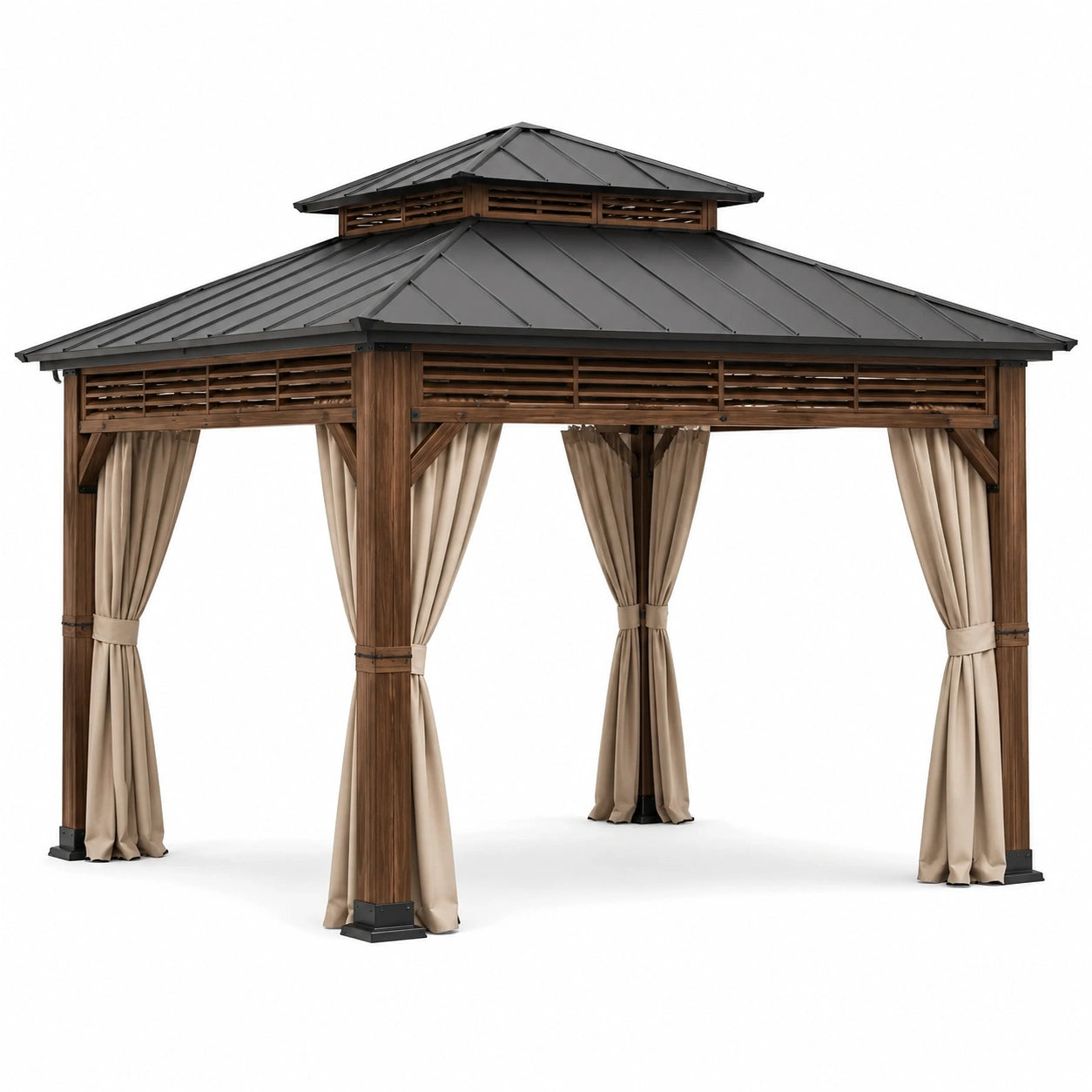 Holzpavillon mit Doppeldach, Metalldach und Vorhängen, 400 × 300 × 310 cm, Braun, Anthrazit und Beige