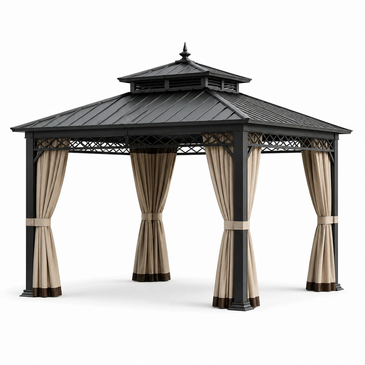 Metall-Gartenpavillon mit festem Dach und Vorhängen, 300 × 300 × 290 cm, Anthrazit/Beige/Braun