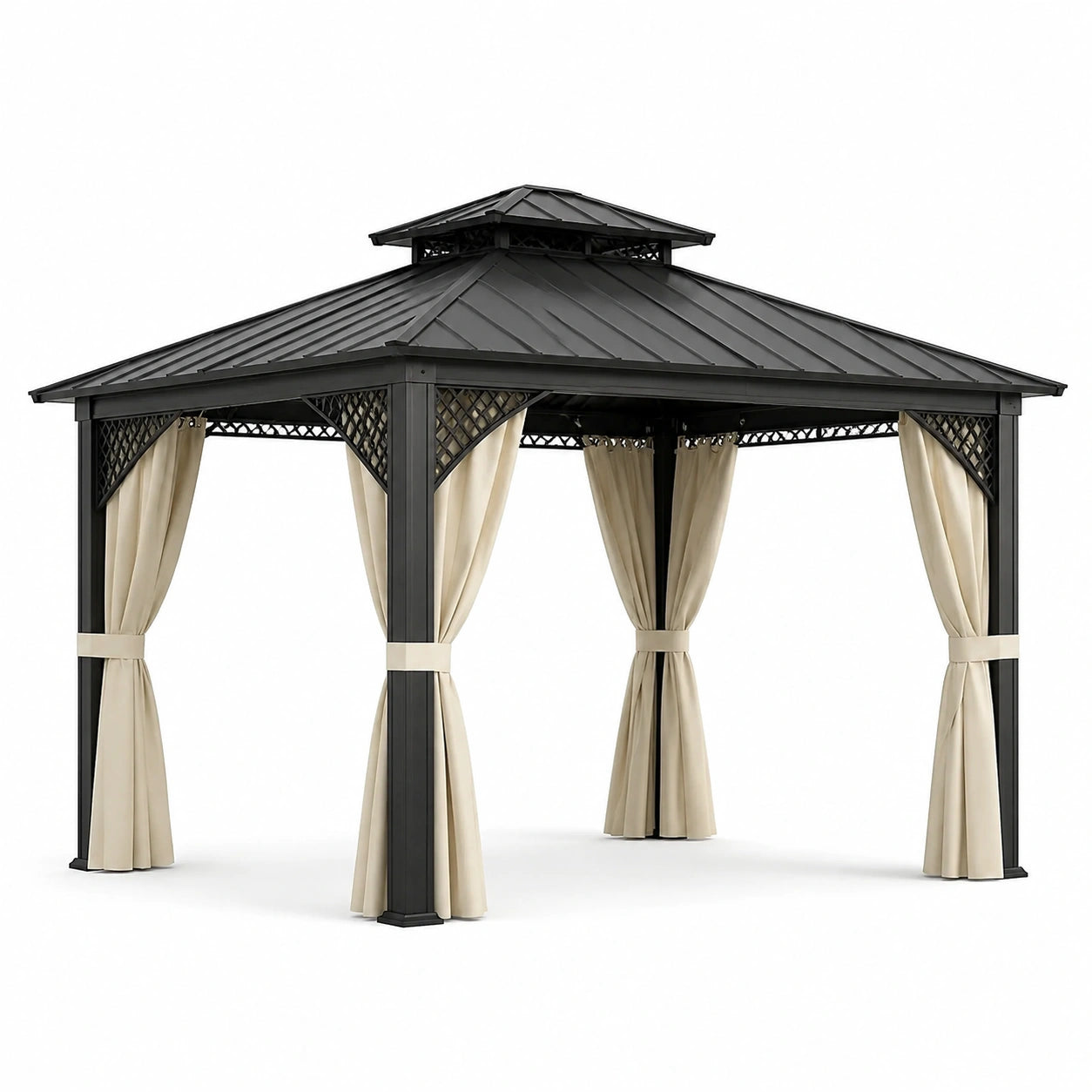 Gartenpavillon 400 × 300 × 280 cm aus Metall in Anthrazit mit beigen Vorhängen