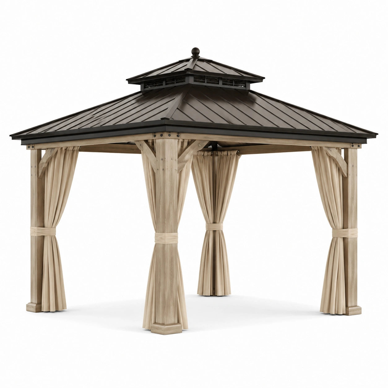 Gartenpavillon mit Festdach und Vorhängen, 360 × 360 × 310 cm, Hellbraun, Dunkelbraun und Beige