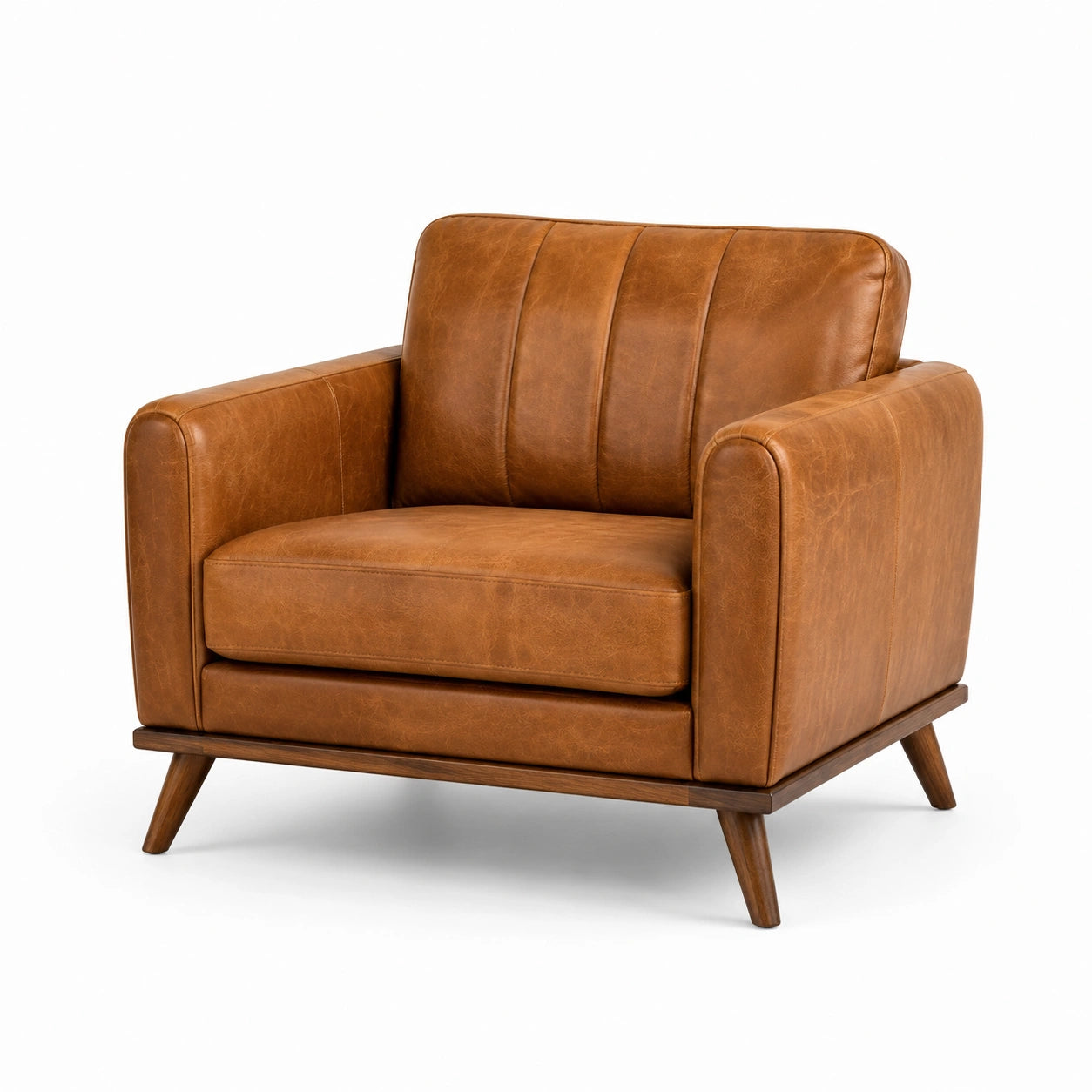 Retro-Sessel aus braunem Kunstleder mit dunkelbraunem Holzrahmen, 105 × 90 × 83 cm