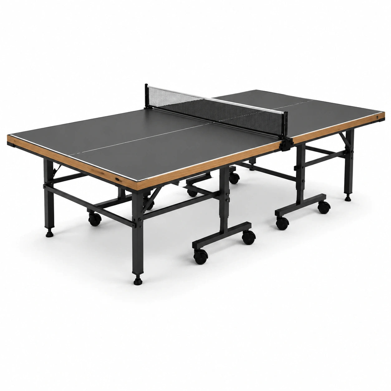 Klappbare Tischtennisplatte 274 × 152,5 × 76 cm mit Netz und Transportrollen, Schwarz/Braun/Silberfarben